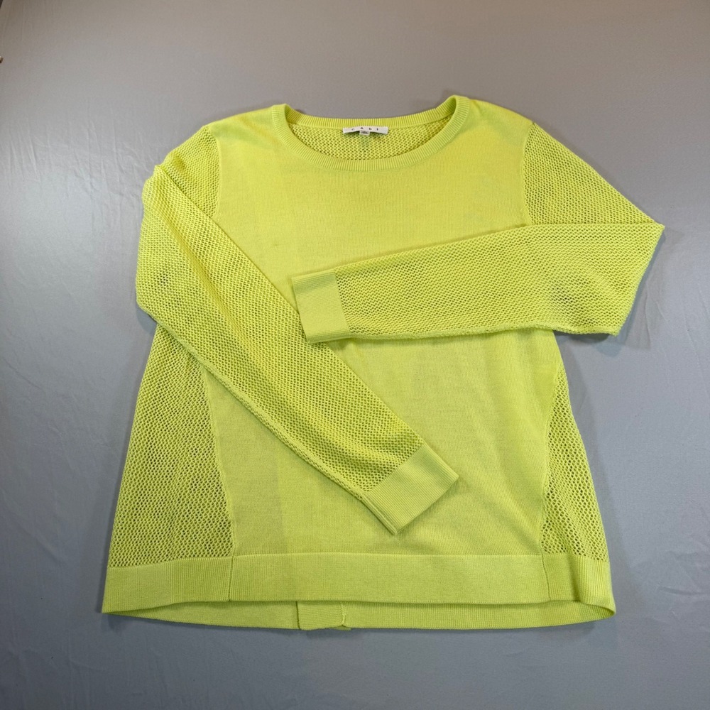 Cabi Neon‎ Yellow Lime Green Open Knit Sweater Womens Large Pullover Swim Cover